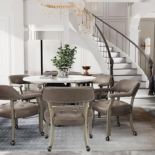 Miniatura 30 de Juego de 4 sillas de cuero de comedor con ruedas y brazos, silla de capitán Accent con ruedas, sillas de madera con ruedas enrollables para cocina y