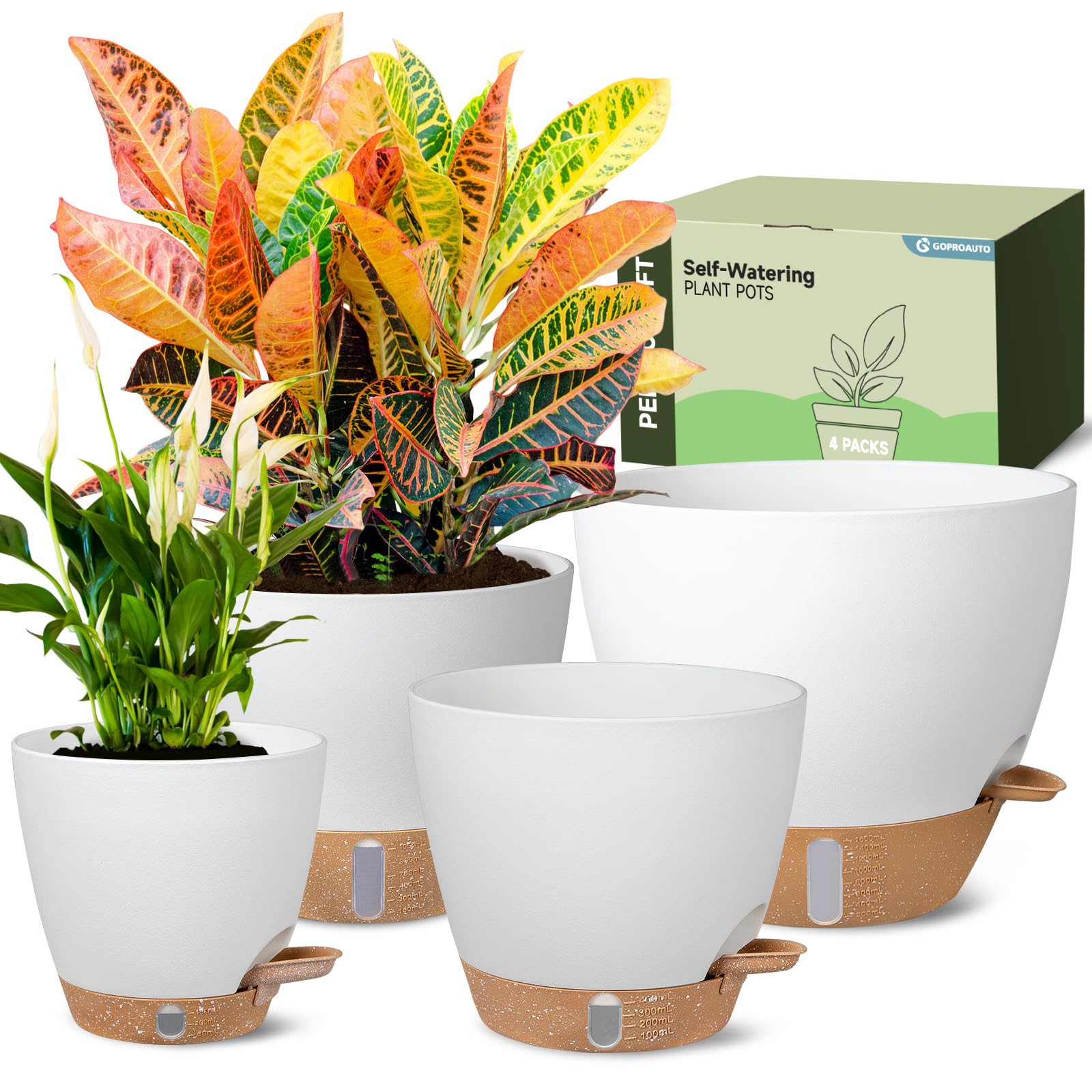 self-watering pots for indoor plants 4 pack, 6/8/10/12 inch outdoor planters with water level indicator&deep reservoir, decorative flower pots for indoor plants,home decor (white, 12+10+8+6 inch)
