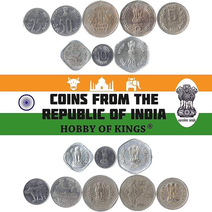 amazon com set of 8 coins from india 5 10 20 25 50 paise 1 2 5 rupees 1982 2004 collectibles fine art