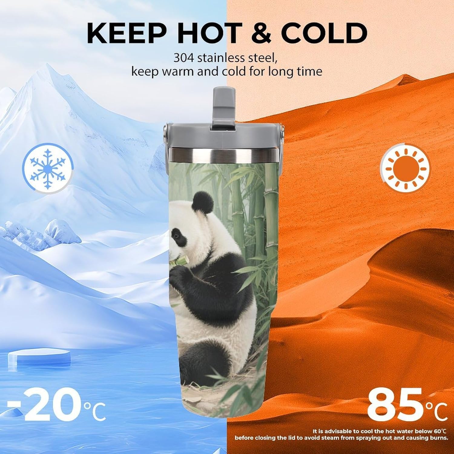 30 Oz Insulated Mug with Handle Lid And Straw Giant Pandas Eating Bamboo Pattern Large Metal Sports Bottle Great for Gifts Parties Office Coffee