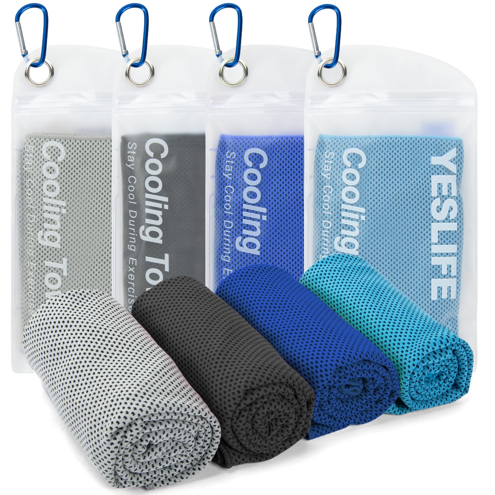 YESLIFE 4-Pack Cooling Towels (40"x 12"), Cooling Neck Wraps, Ice Towel | Microfiber, Breathable, Lightweight, Super absorbent, For Yoga, Camping, Sports, Outdoors, Golf, Running, Gym, Travel