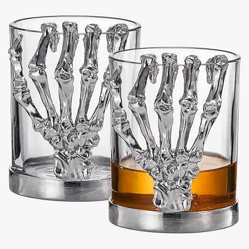Vaso de cristal de whisky de esqueleto, juego de 2, vasos de esqueleto de Halloween de 10 onzas de 4.3 pulgadas de alto, regalos góticos, regalos de