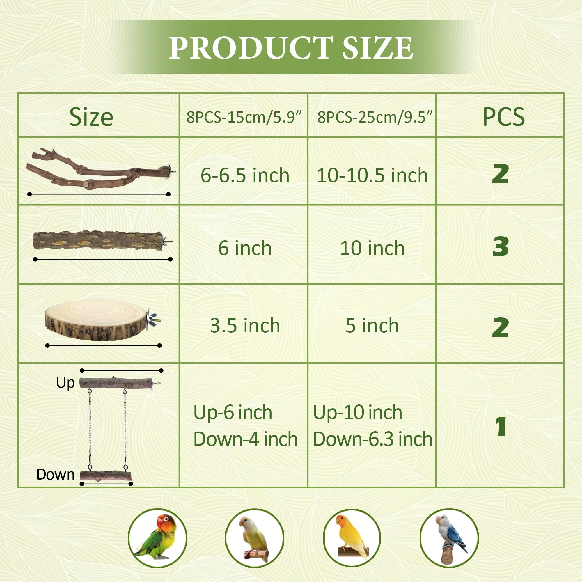 CAMATET 8pcs Bird Perches for Cage, Natural Wood Bird Perch for Parakeet/Cockatiel, 9.5“ Medium Bird Cage Stick, Bird Branches for Cages, Birdcage Accessories for Parrot Conure - image 7