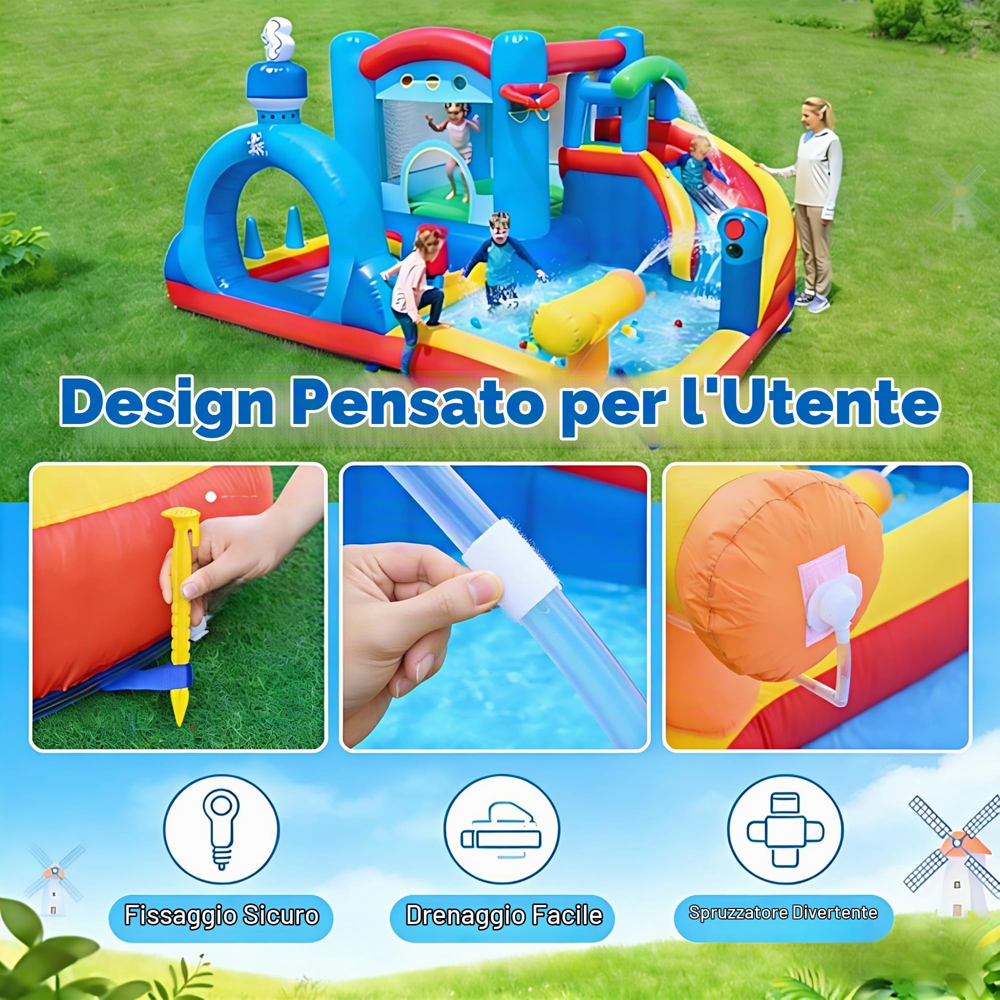 GIANTEX Castello Gonfiabile 8 in 1 per Bambini dai 3 ai 12 Anni, Parco Giochi Gonfiabile con Scivolo e Piscina, Canestro Basket, Cannone ad Acqua, Sacco da Boxe, Trampolino (Senza ventilatore)
