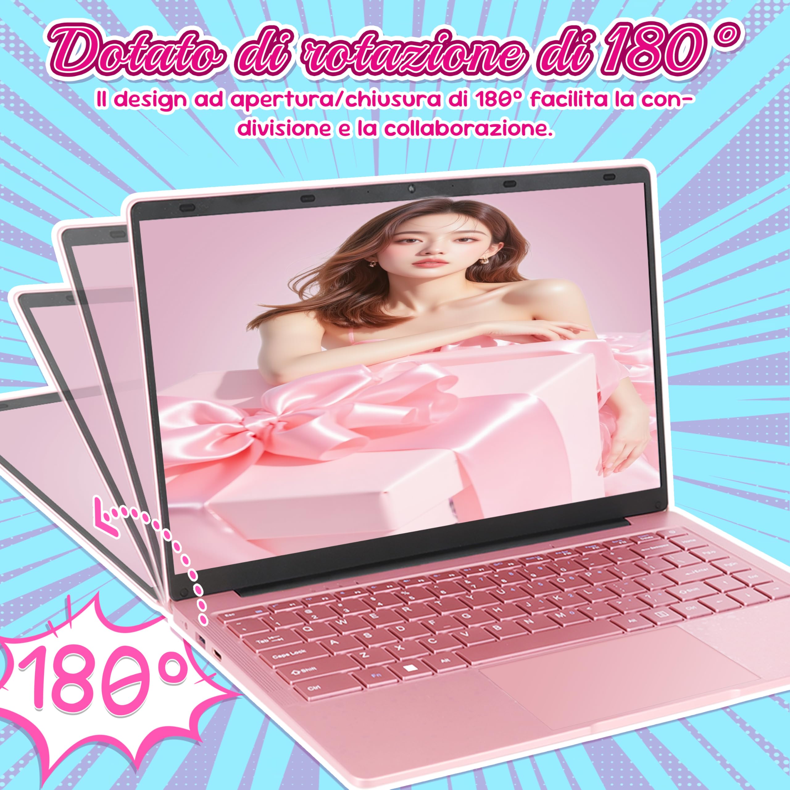 Amita PC Portatile 14 Pollici,8GB DDR4 512GB SSD,Processore Celeron,Schermo IPS FHD 1920x1080,Wi-Fi Dual-Band,USB 3.0,Custodia Tastiera(Tastiera ITA) e Mouse Inclusi - Rosa Oro (8GB RAM+512GB SSD)