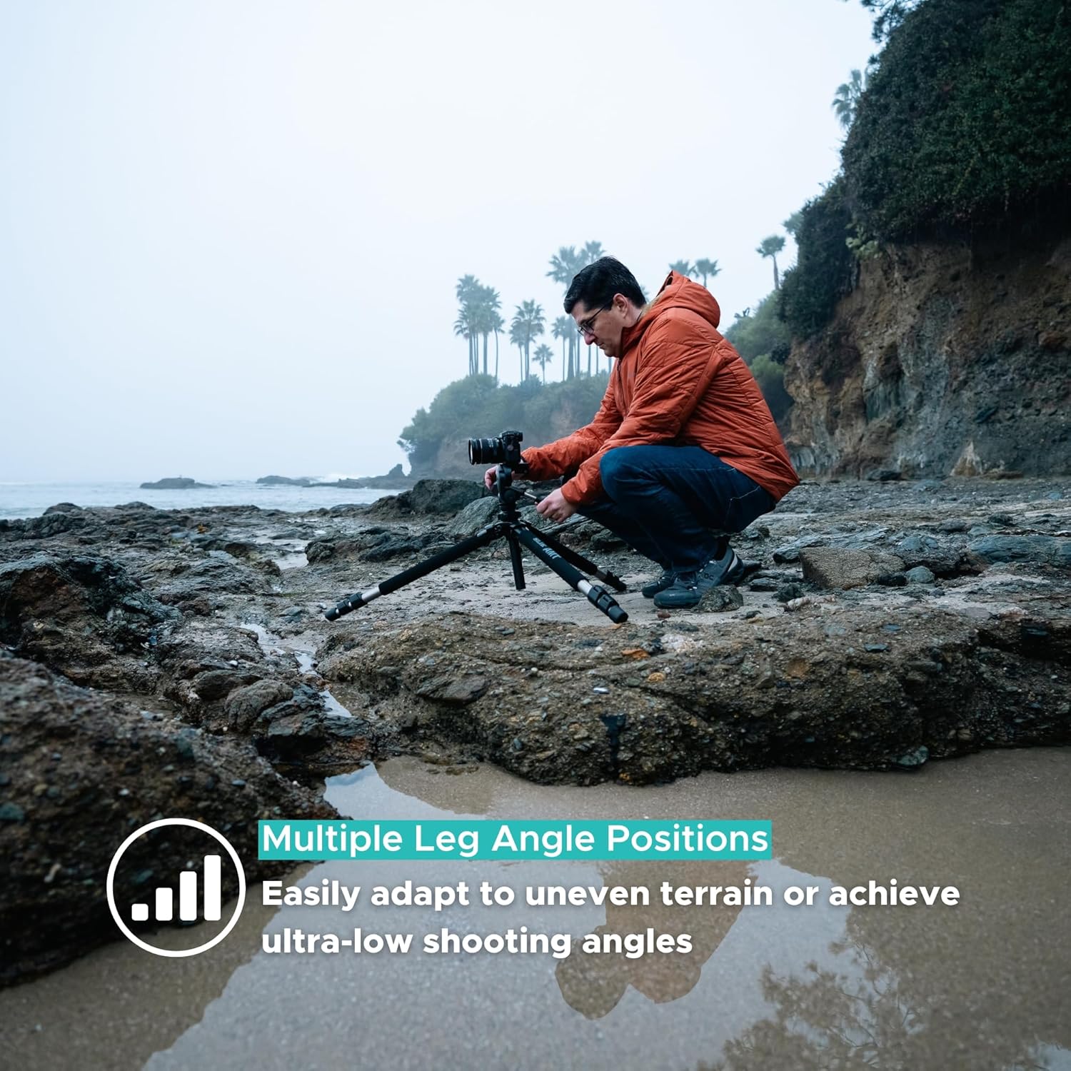 Tripod legs adjusted to multiple angles for uneven terrain