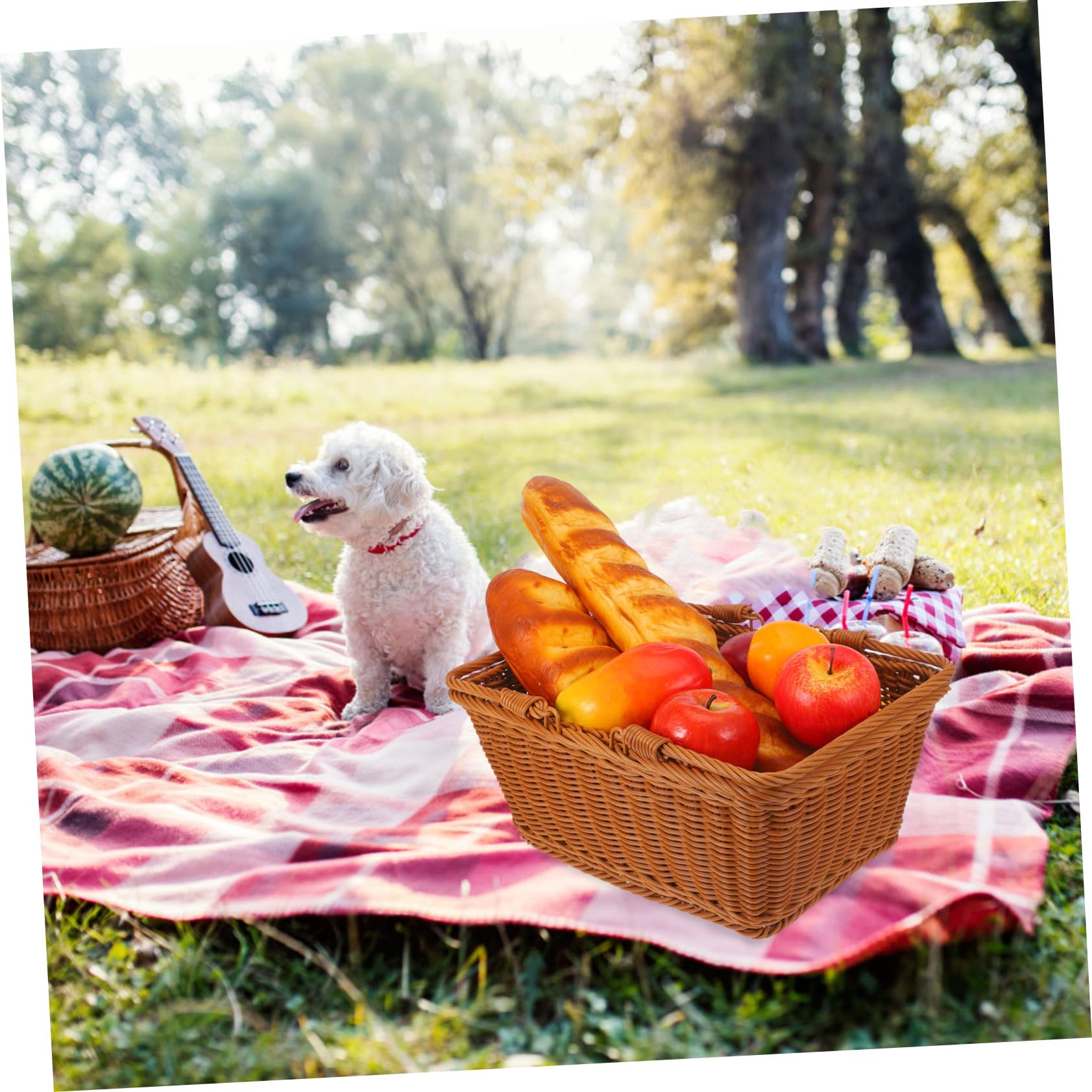 LABRIMP Cesta de Picnic Tejida de Ratan Imitación con Asa Contenedor de para Almacenamiento para Excursiones y Decoración de Eventos