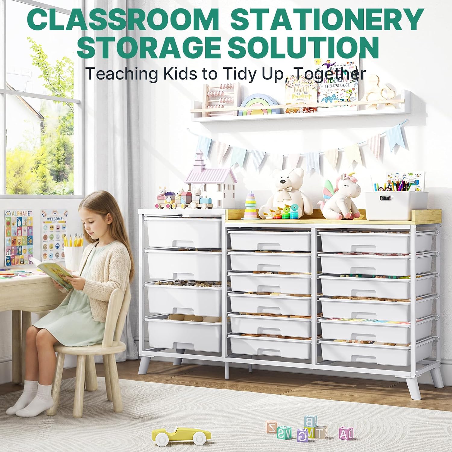 SYKIARIOL 16-Drawer Craft Storage Cabinet with Open Shelves