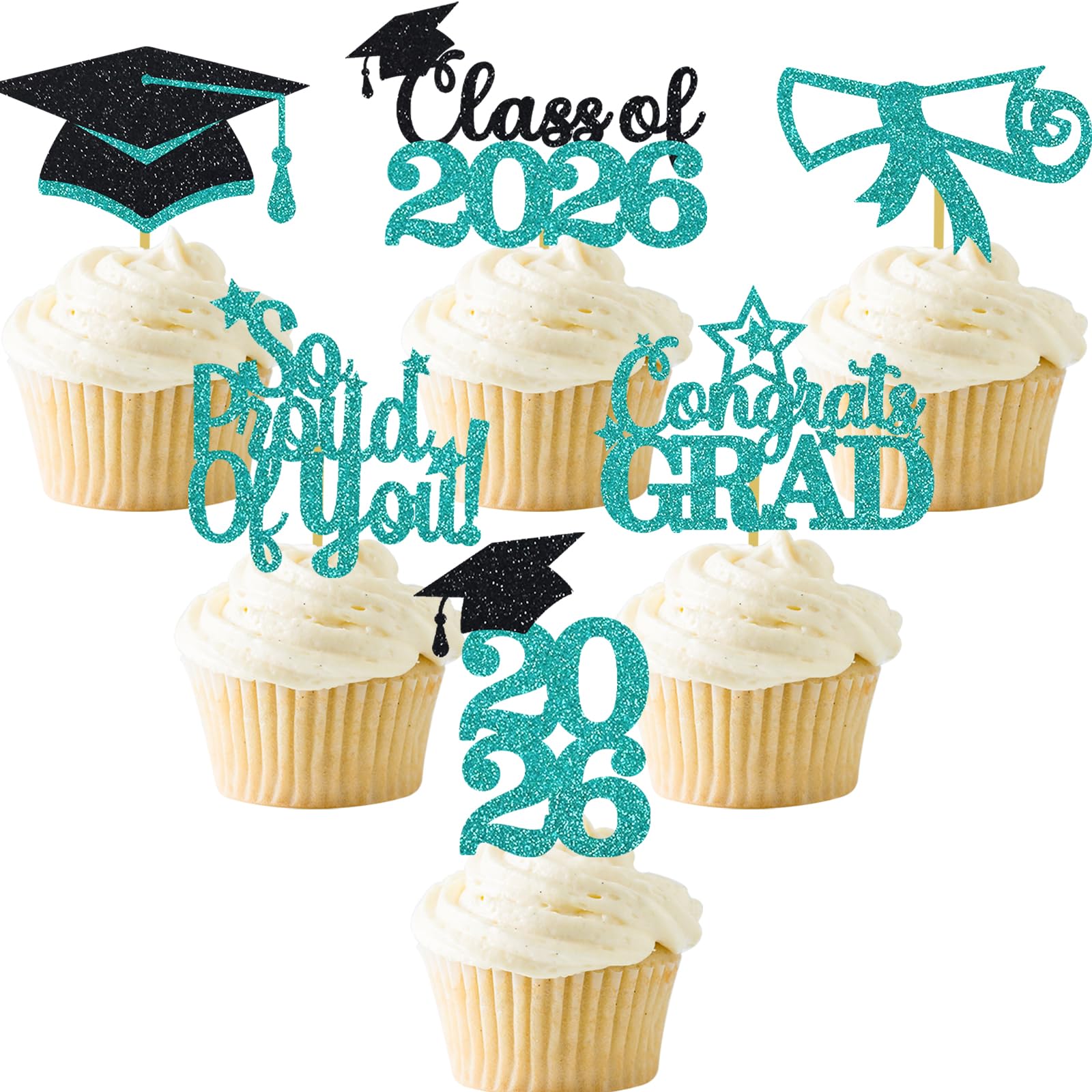 Teal Graduation Cupcake Toppers 36PCS Glitter Proud Of You Food Picks Congrats Grad Party Table Ideas