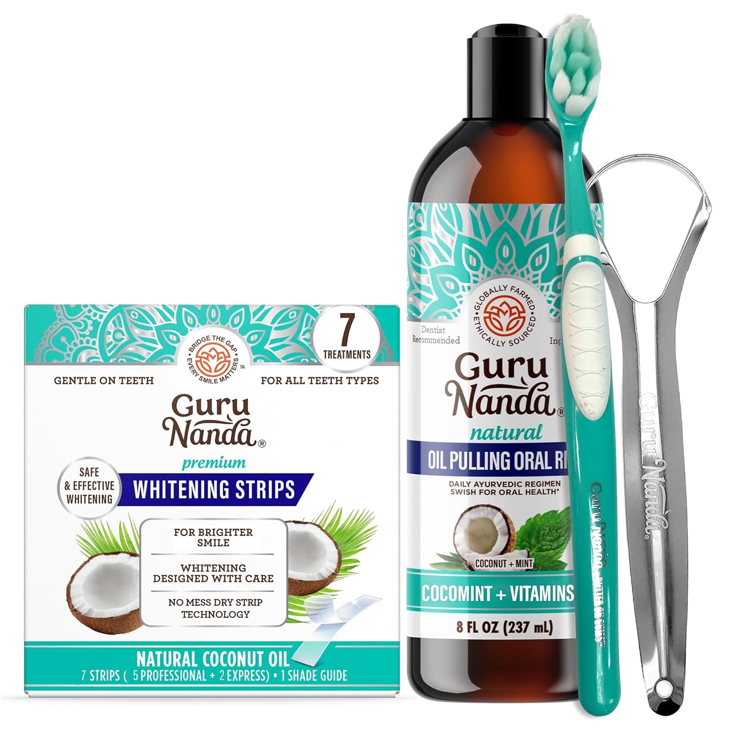 GuruNanda Coconut Mint Oil Pulling with Tongue Scraper Teeth Whitening Strips - 7 Treatments with 14 Strips -