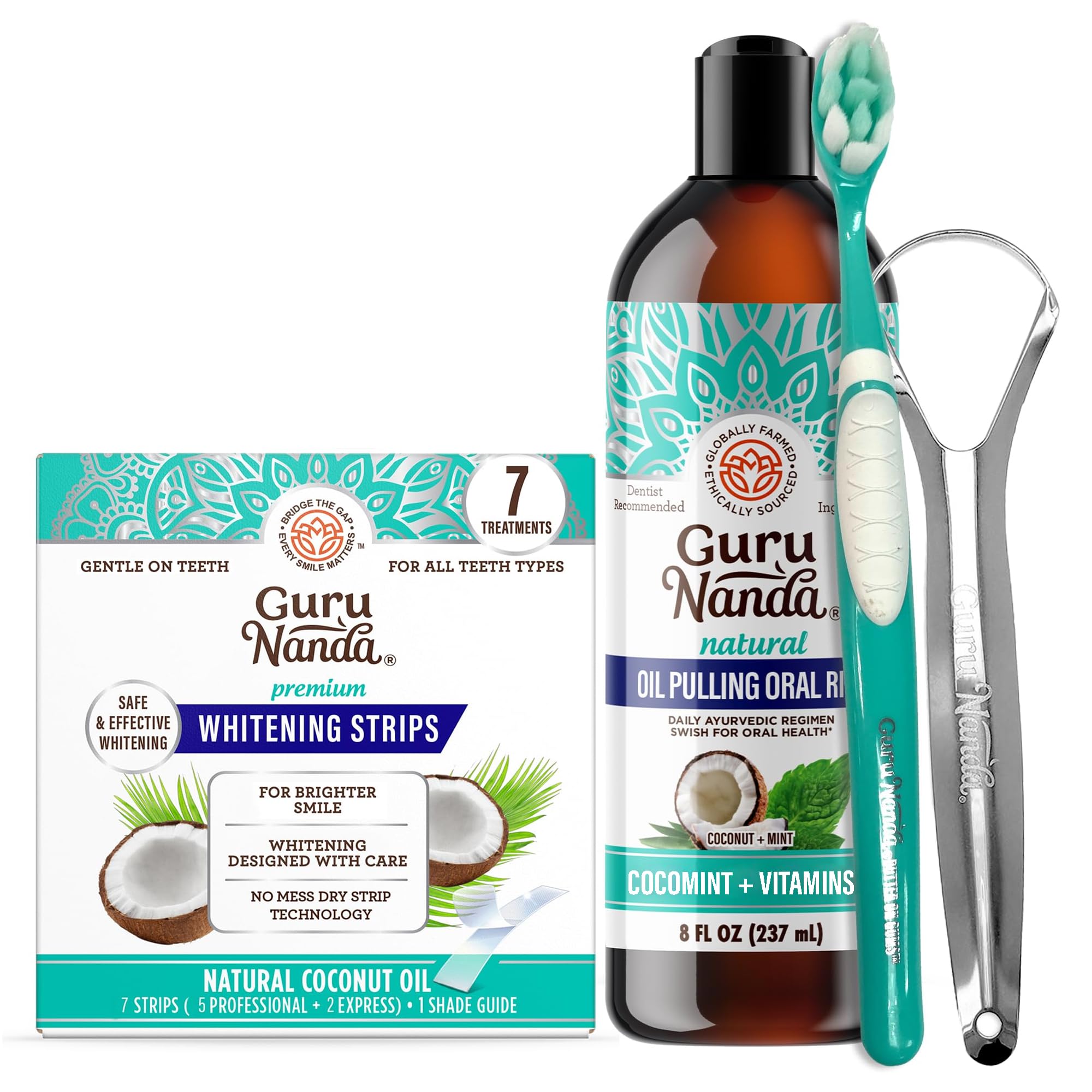 GuruNanda Coconut Mint Oil Pulling with Tongue Scraper Teeth Whitening Strips - 7 Treatments with 14 Strips -