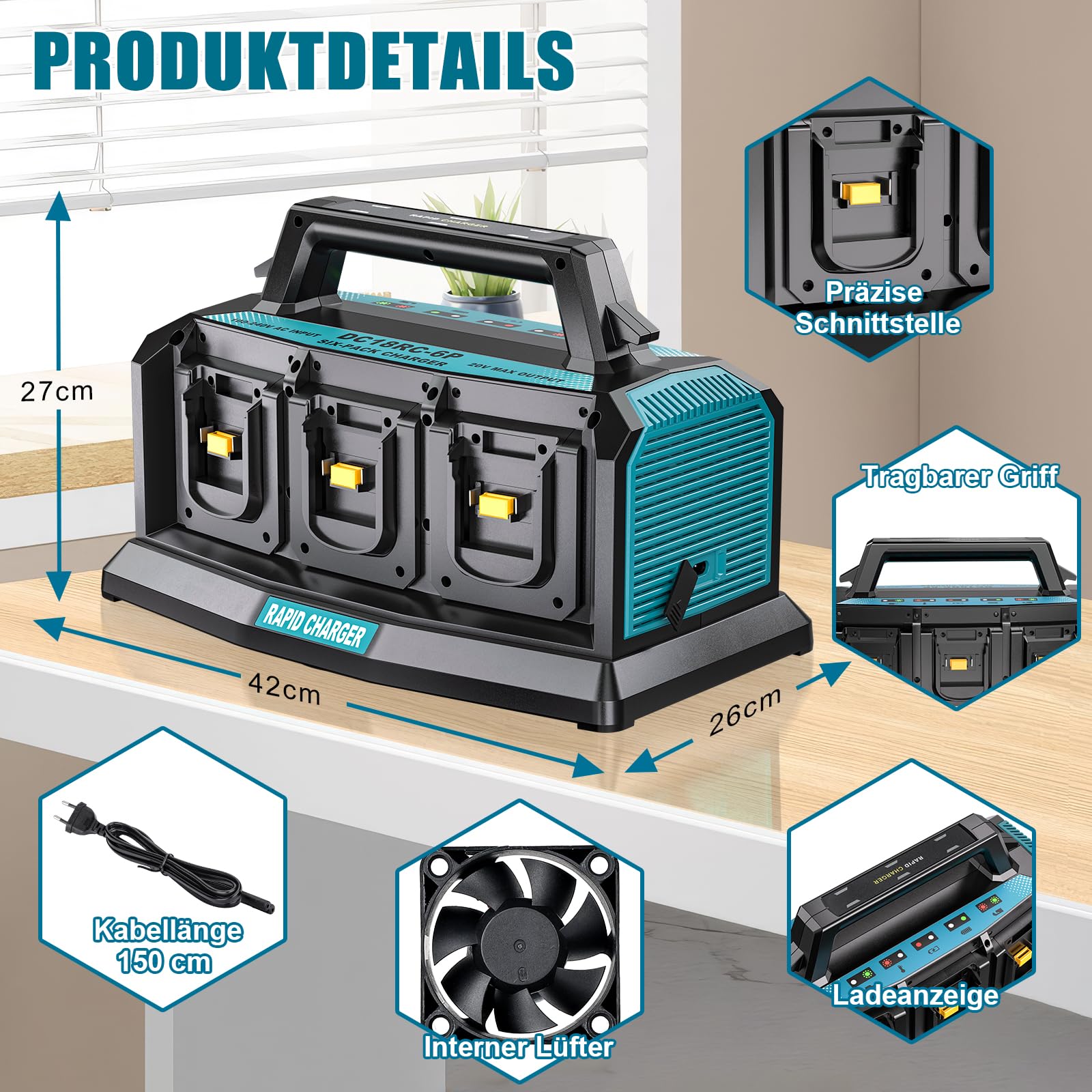 YEX-BUR 6-Ports Ladegerät für Makita 14,4v-18v Akku (Li-Ion, gleichzeitiges Laden von 6 x 18V Akkus, Akkuladestrom: 3A, inkl. Adapter, ohne Akku) DC18RC 18V Schnellladegerät
