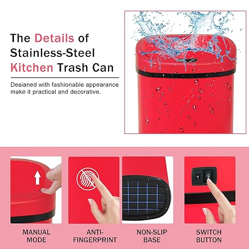 Miniatura 4 de Bote de basura automático de 13 galones, con sensor de movimiento y sin tacto, de acero inoxidable cepillado con tapa, diseño silencioso, cubo de