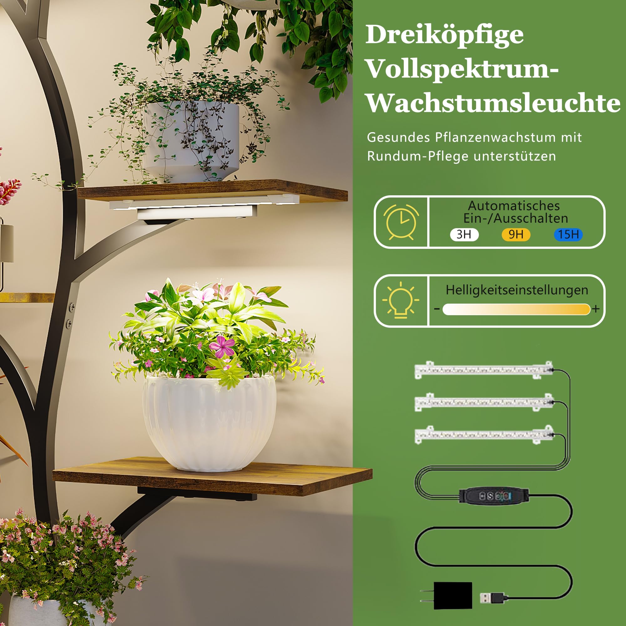 Support de fleurs avec lumières de croissance - Étagère à plantes à 9 étages en bois et métal avec grande capacité de stockage - Armoires - 156 cm - Pour l'intérieur et l'extérieur - Pour balcon