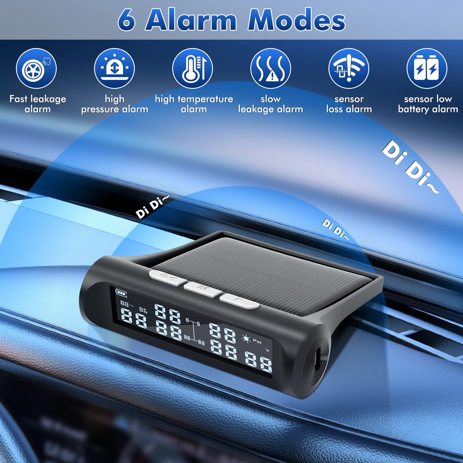 TPMS 9,9bar(144psi) Sistema di Controllo della Pressione dei Pneumatici con 6 Sensori Esterni, Ricarica Solare e USB, 6 Gomme modalità di Allarme per Camion, Roulotte