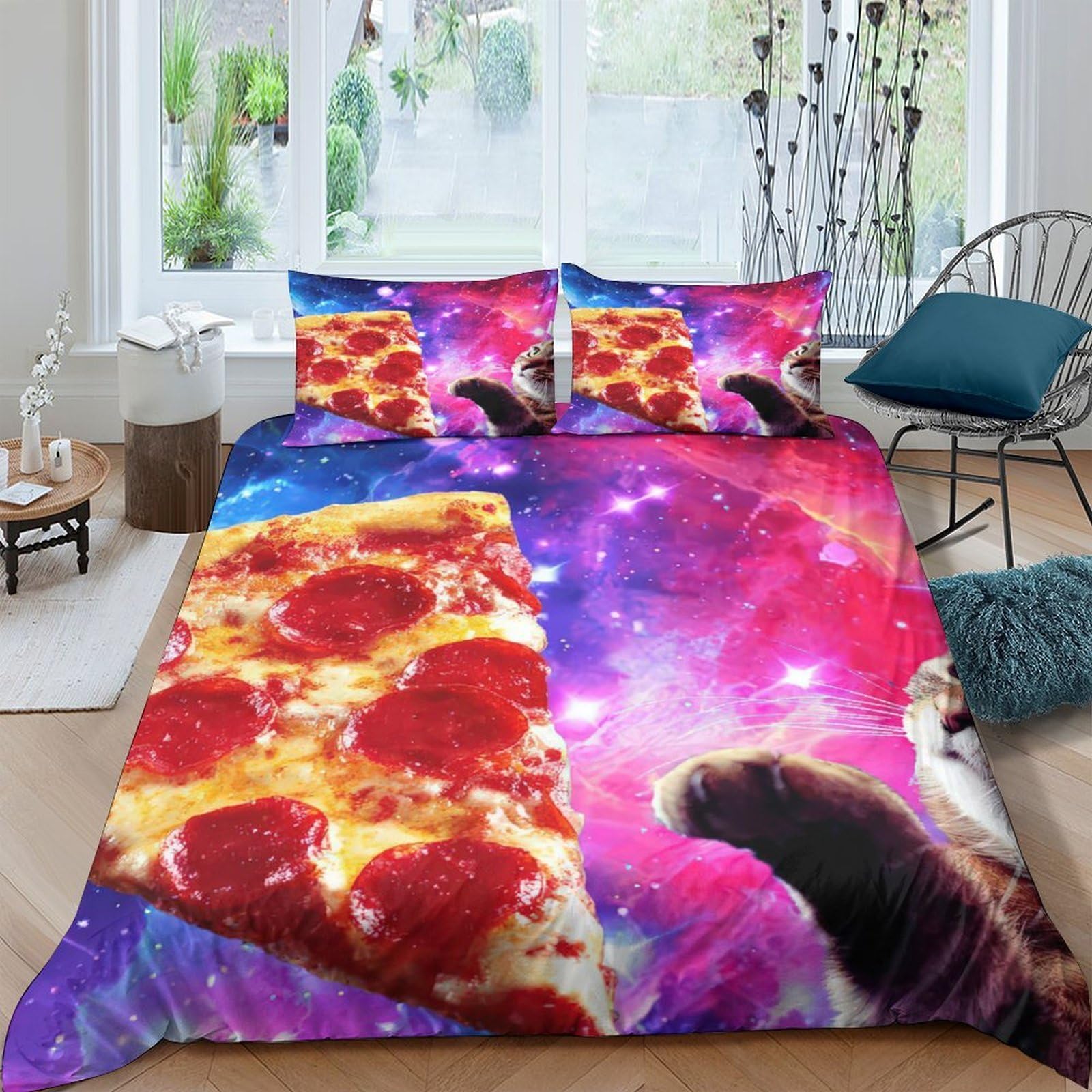 Pepperoni Pizza Bettbezug Mikrofaser 3 Stück Set 3D-Digitaldruck mit Reißverschluss Cosmic Food Kunst Stil Bettdeckenbezug Kuschelig mit Kopfkissenbezug for Fans König（220x240cm）