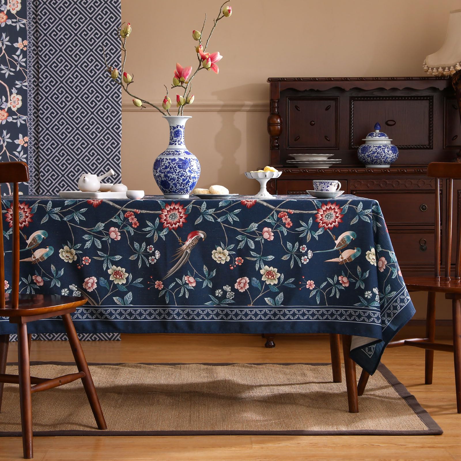 patdrea Designer Dark Blue Linen Rectangle Tablecloth,Vintage Navy French Floral and Birds Pattern Table Cloth,Decoration Table Cover for Kitchen,