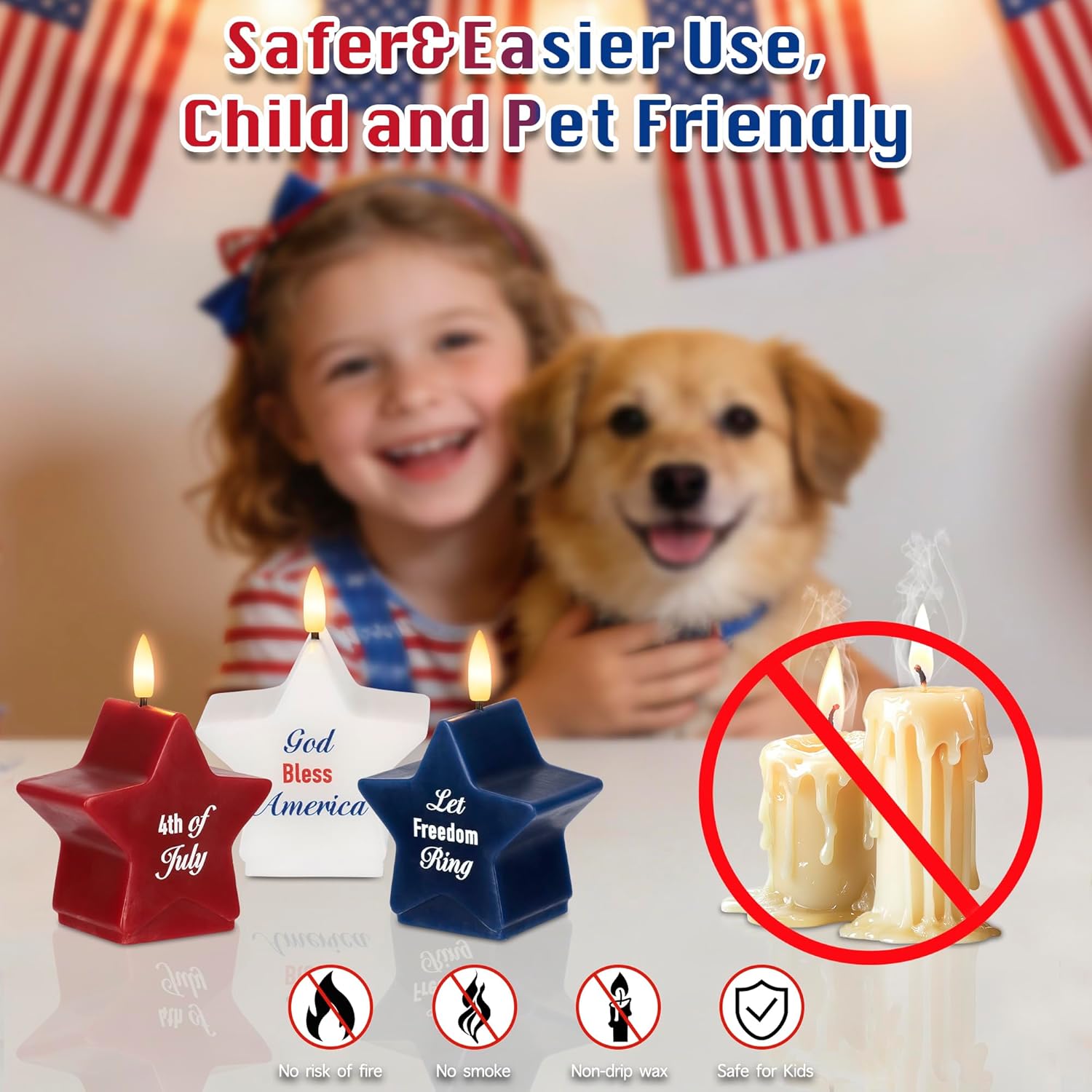 4th of July Flameless Candles with Remote, 250th Anniversary Patriotic Red White and Blue Battery Operated Star Shaped LED Candle Set of 3, Independence Day Decorations for Home Party Table Fireplace