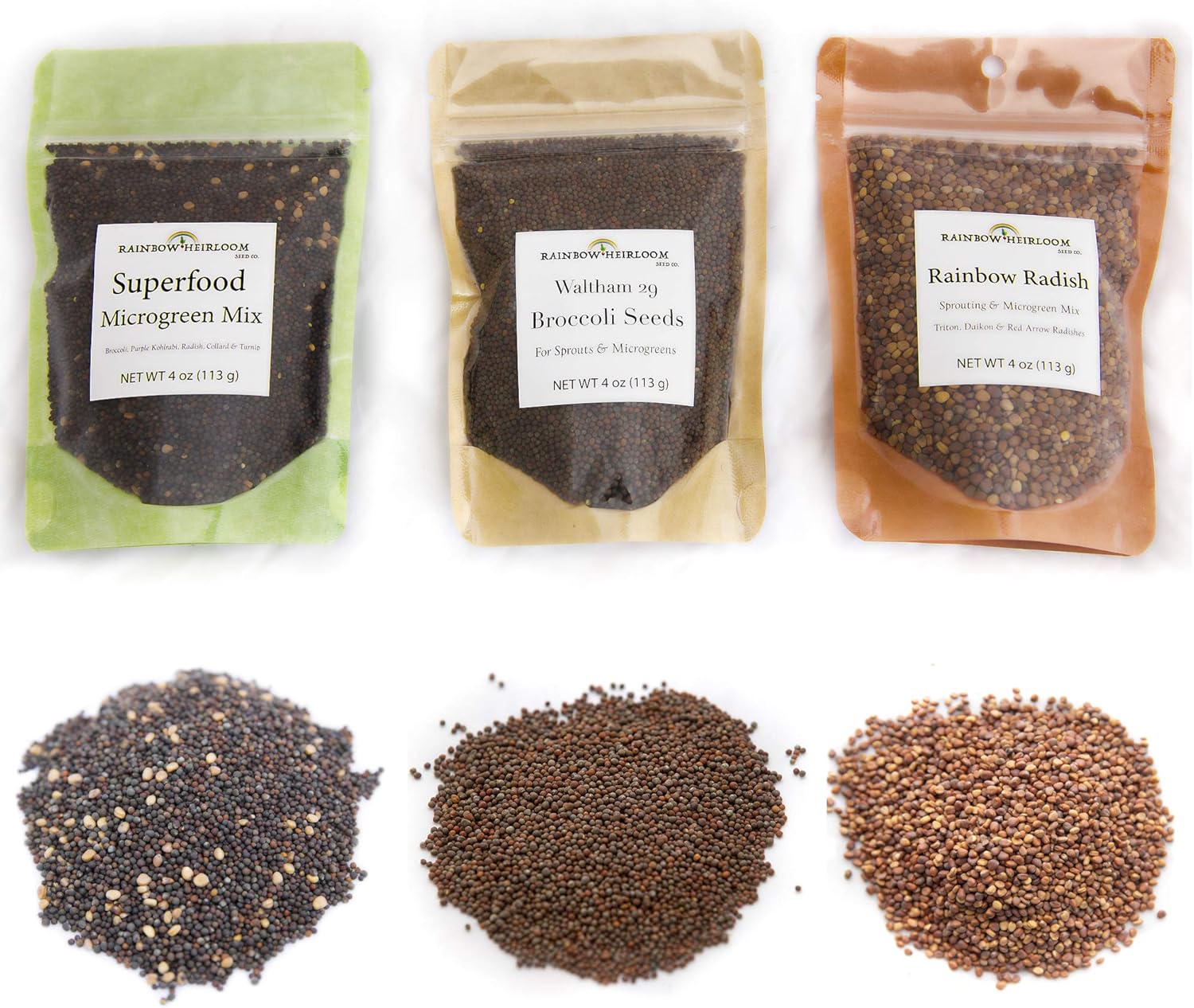 Heirloom Sprouting & Microgreen Seed Variety Pack | Contains Waltham 29 Broccoli Sprouting Seeds, Rainbow Radish Sprouting Seeds Mix & Superfood Microgreen Mix | Non-GMO | Rainbow Heirloom Seed Co.