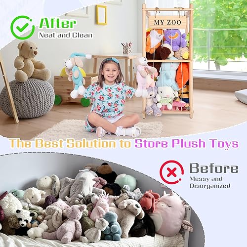 Miniatura 4 de Almacenamiento de Animales de Peluche Zoo, Organizador de Animales de Peluche de Madera con Cuerdas Elásticas para Niños y Niñas, Soporte de Madera