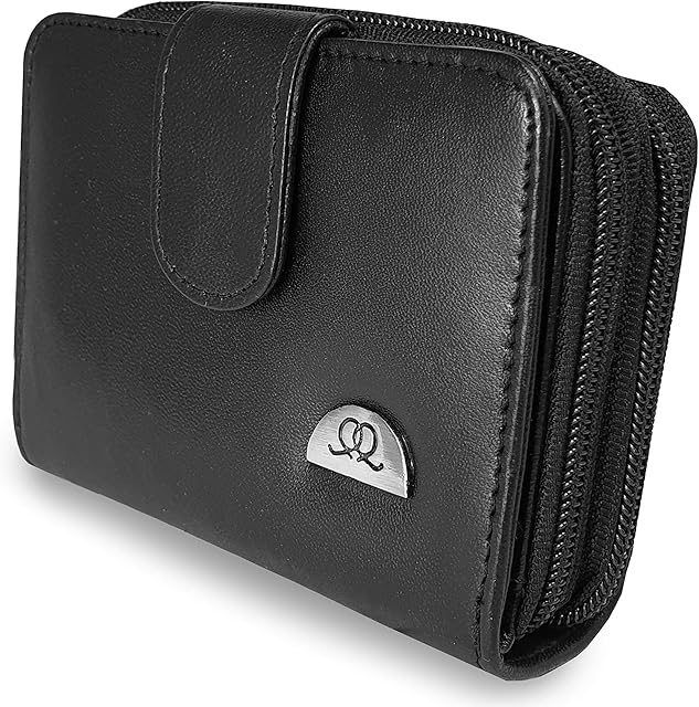 Ladies Designer Leather Purse with 6 RFID & NFC Blocking Credit Card Spaces with Zip Closure - Zipped Up Coins Section - 12x9x4cm - Quenchy London QL330K Black