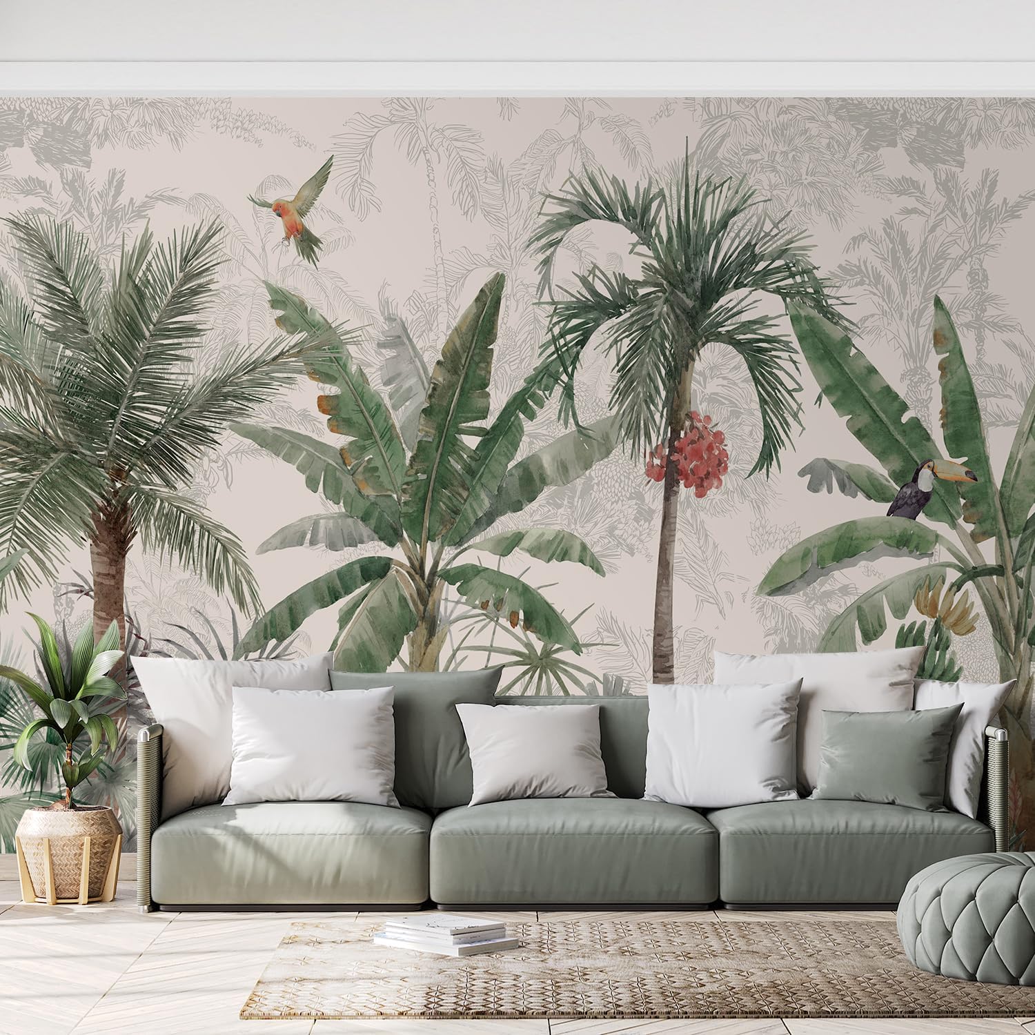 MUDECOR Wall Mural Colorful Tropics Vibrant Jungle with Birds Not Peel and Stick, Non-Woven Wallpaper Wall Decoration for Bedroom Living Room - 66"x96"