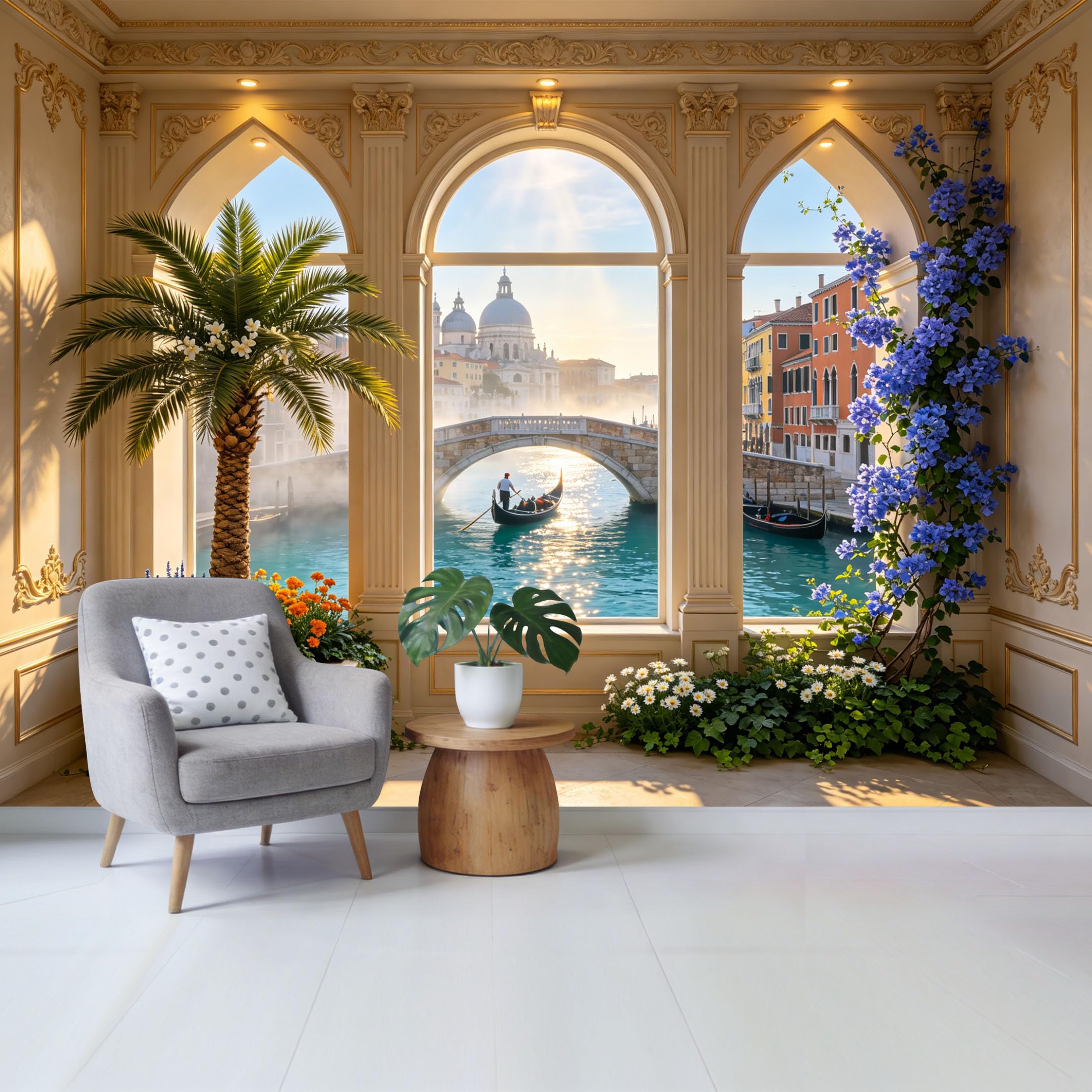 Removable Self Adhesive Fabric Mural， Venetian Canal Gondola Custom Size Wall Covering， UV Protected Waterproof Washable Wall Decor for Living Room Bedroom Bathroom 3D Landscape