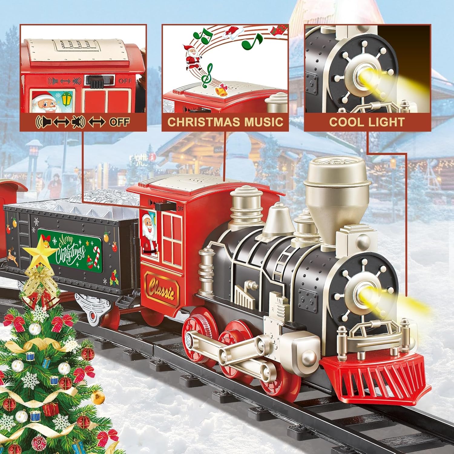 JUQU Electric Christmas Train Set for Kids Ages 4-8 – Classic Locomotive Model Train with Lights, Music & Tracks, Toy Train for Around or Under Christmas Tree Holiday Decoration Deluxe