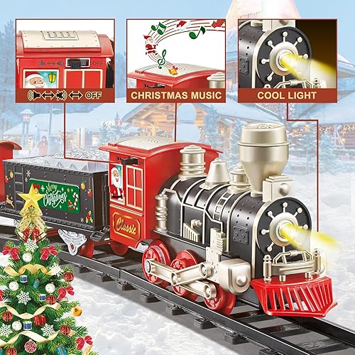 Miniatura 3 de JUQU - Juego de tren eléctrico de Navidad para niños de 4 a 8 años, modelo clásico de locomotora con luces, música y pistas, tren de juguete para