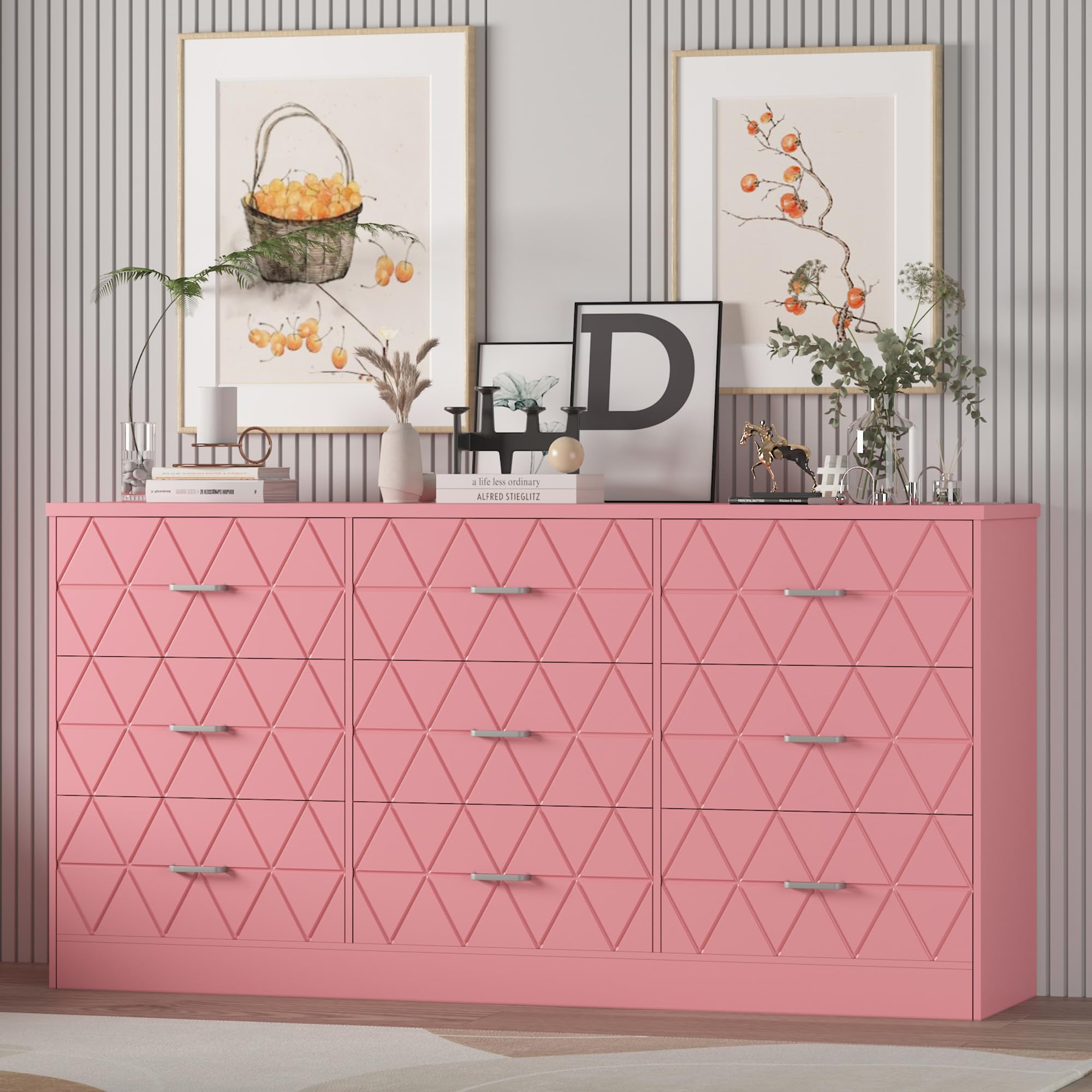 9 Drawer Pink Dresser for Bedroom with Power Outlet, 63'' Wooden Large Dresser with Wide Drawer, Modern Chest of Drawers for Closet, Storage Organizer Long Dresser for Hallway, Living Room
