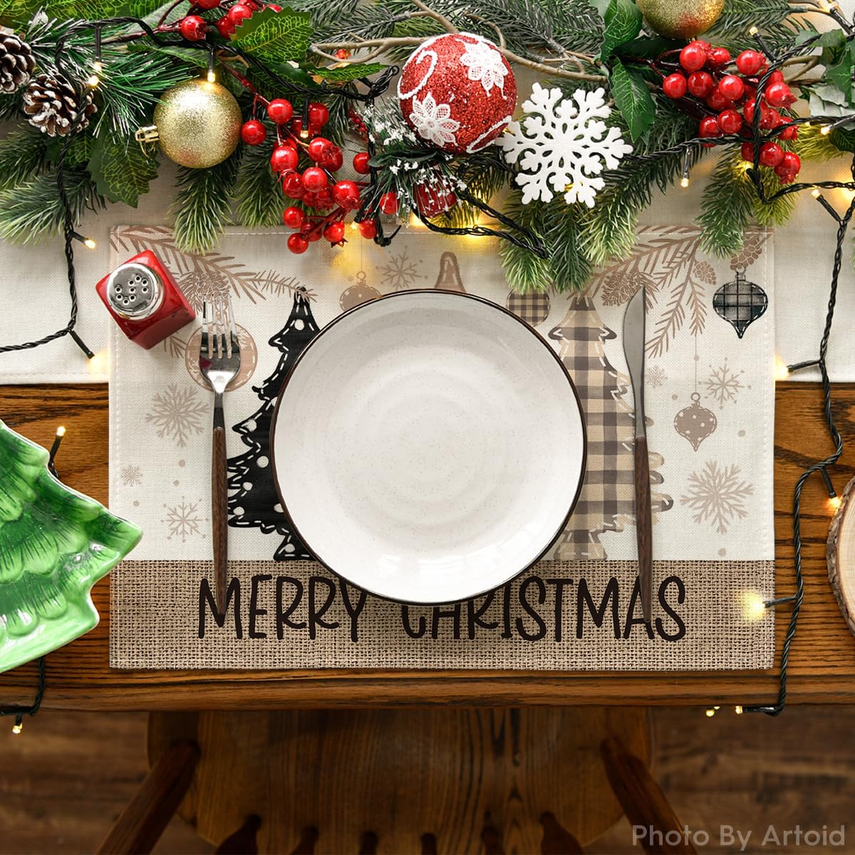 Artoid Mode Red Pine Trees Balls Merry Christmas Placemats Set of 8, 12x18 Inch Winter Xmas Table Mats for Party Kitchen Dining Decoration