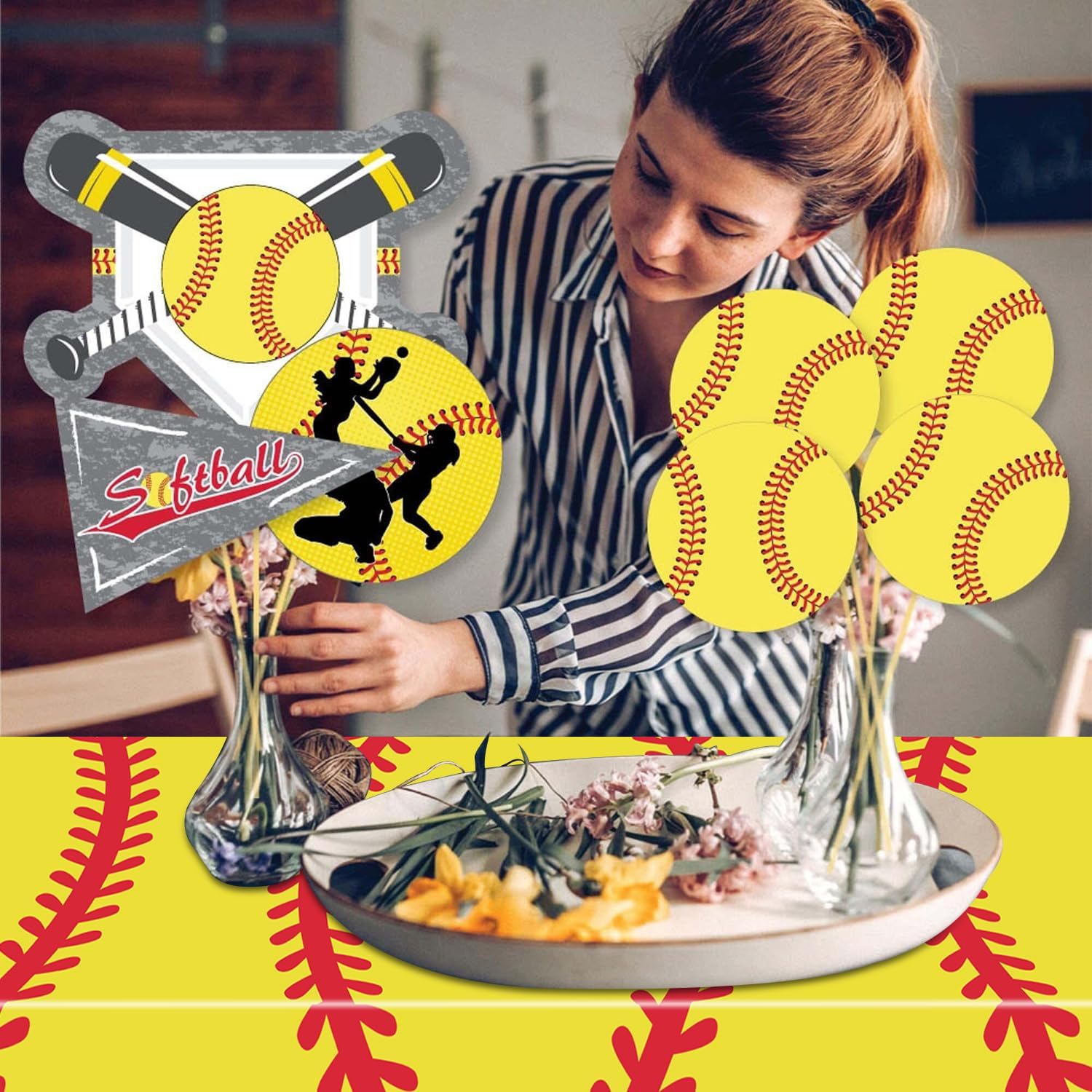 4 Pack Softball Tablecloths - 51 x 86 Softball Party Table Cover Rectangular Softball Pattern Table Cloth for Girls Fans Sports Softball Birthday Party Supplies