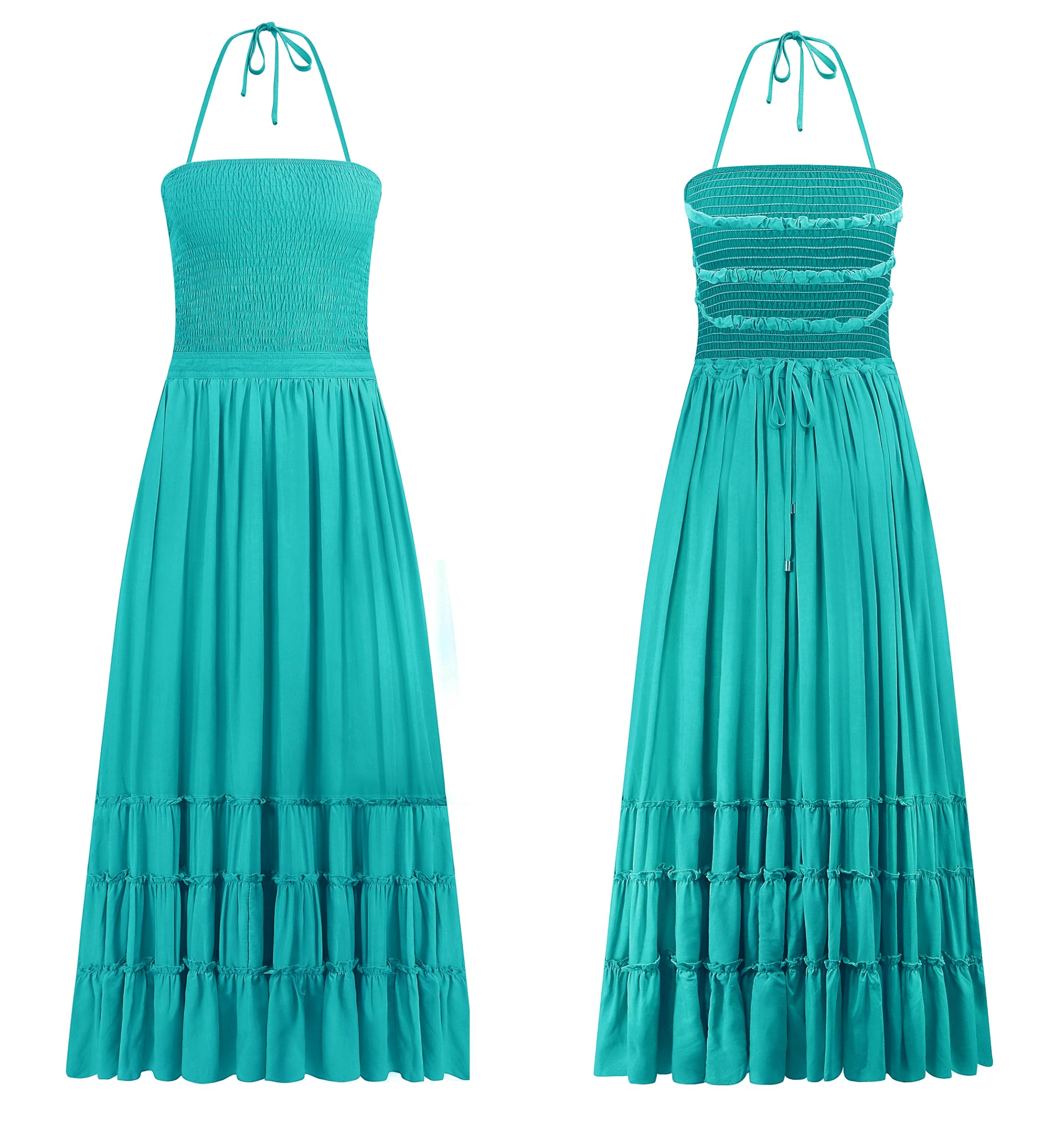 R.Vivimos Donna Estate Mezze Collo Senza Schiena Abito Boho Maxi Senza Maniche Abiti da Spiaggia Ruffle Senza Maniche