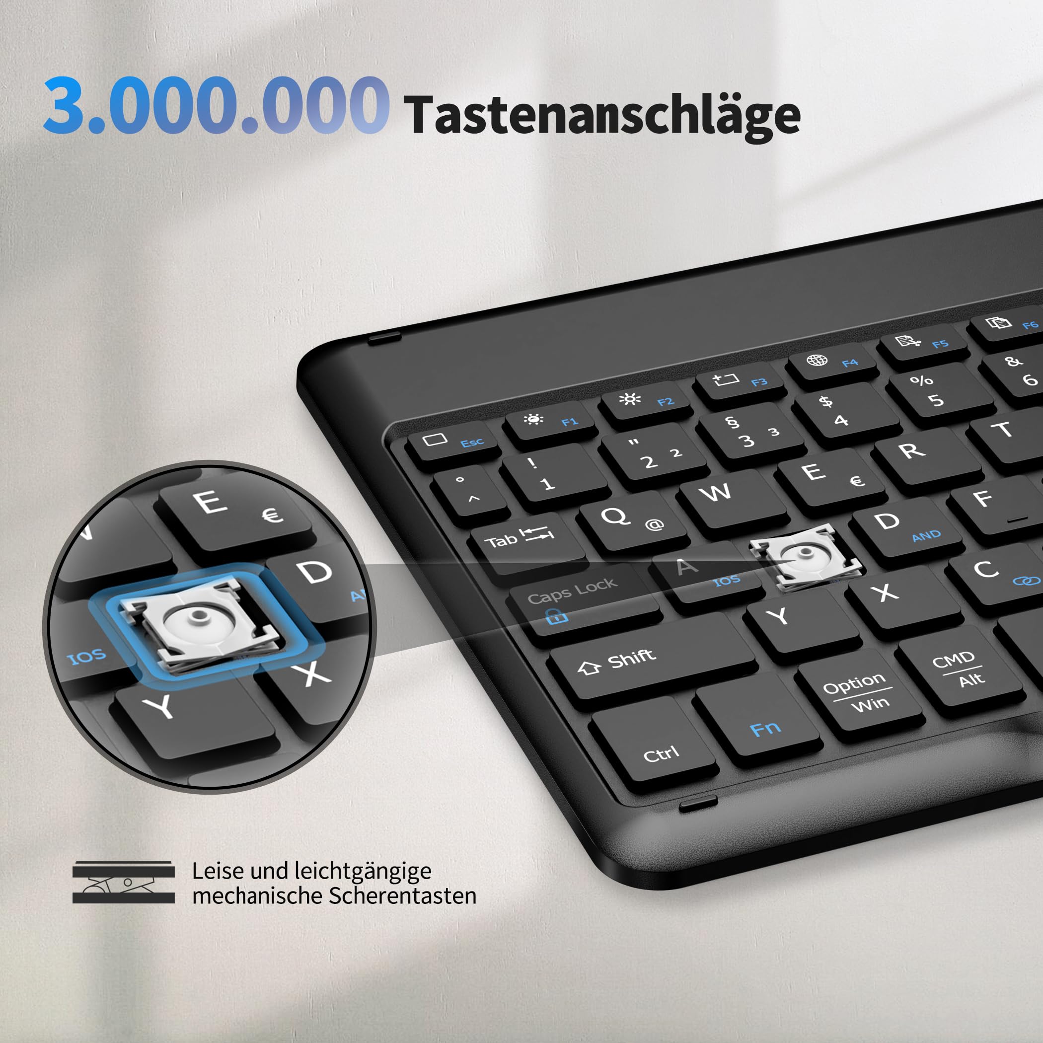 EasyAcc Clavier Bluetooth Allemand pour iPad Air/iPad Pro/iPad 10/10.2/9.7/iPhone/Samsung/Android, Rechargeable, QWERTZ, Portable, sans Fil, Ultra Fin, Noir
