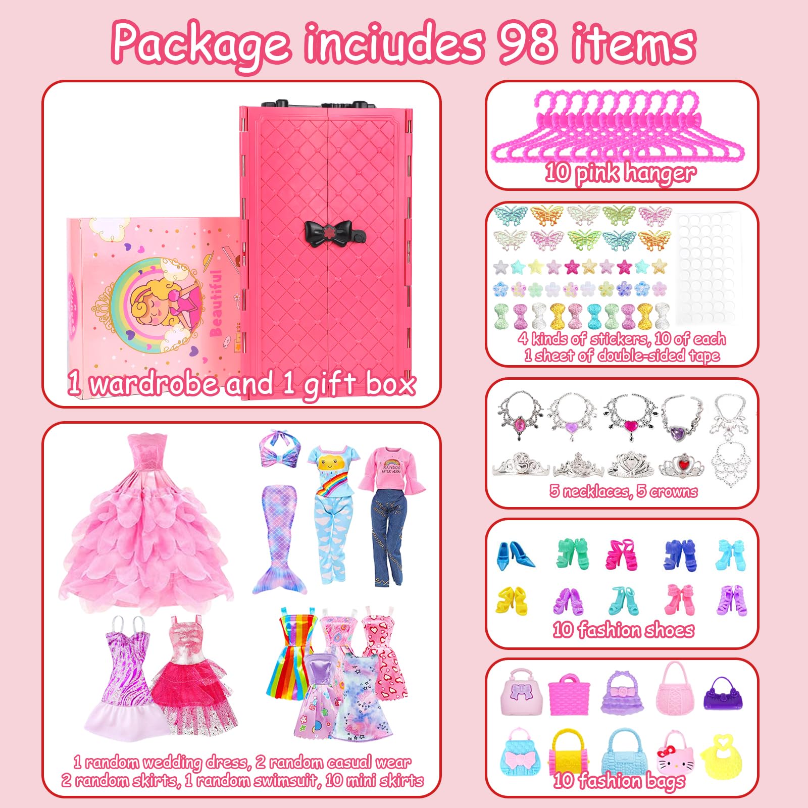 ZNTWEI 98 Pcs Doll Clothes and Accessories with Closet Wardrobe DIY Playset for 11.5 Inch Doll Including Wedding Dress Fashion Dress Casual wear Swimsuit Shoes Hangers Necklace Bags