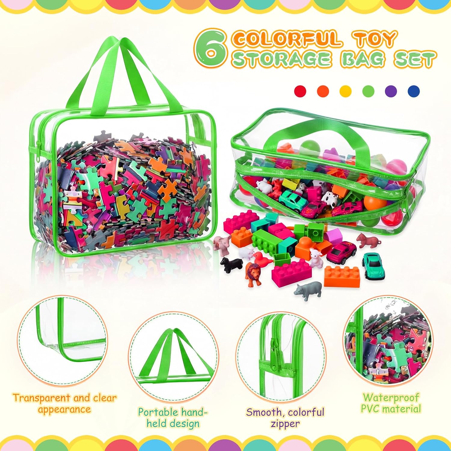 Shinylin 12 Packs Large Toy Storage Bags with Labels Clear Toy Organizers for Playroom Reusable Waterproof PVC Game Storage Containers with Zipper Travel Organizers for School Blocks (Fresh Color)