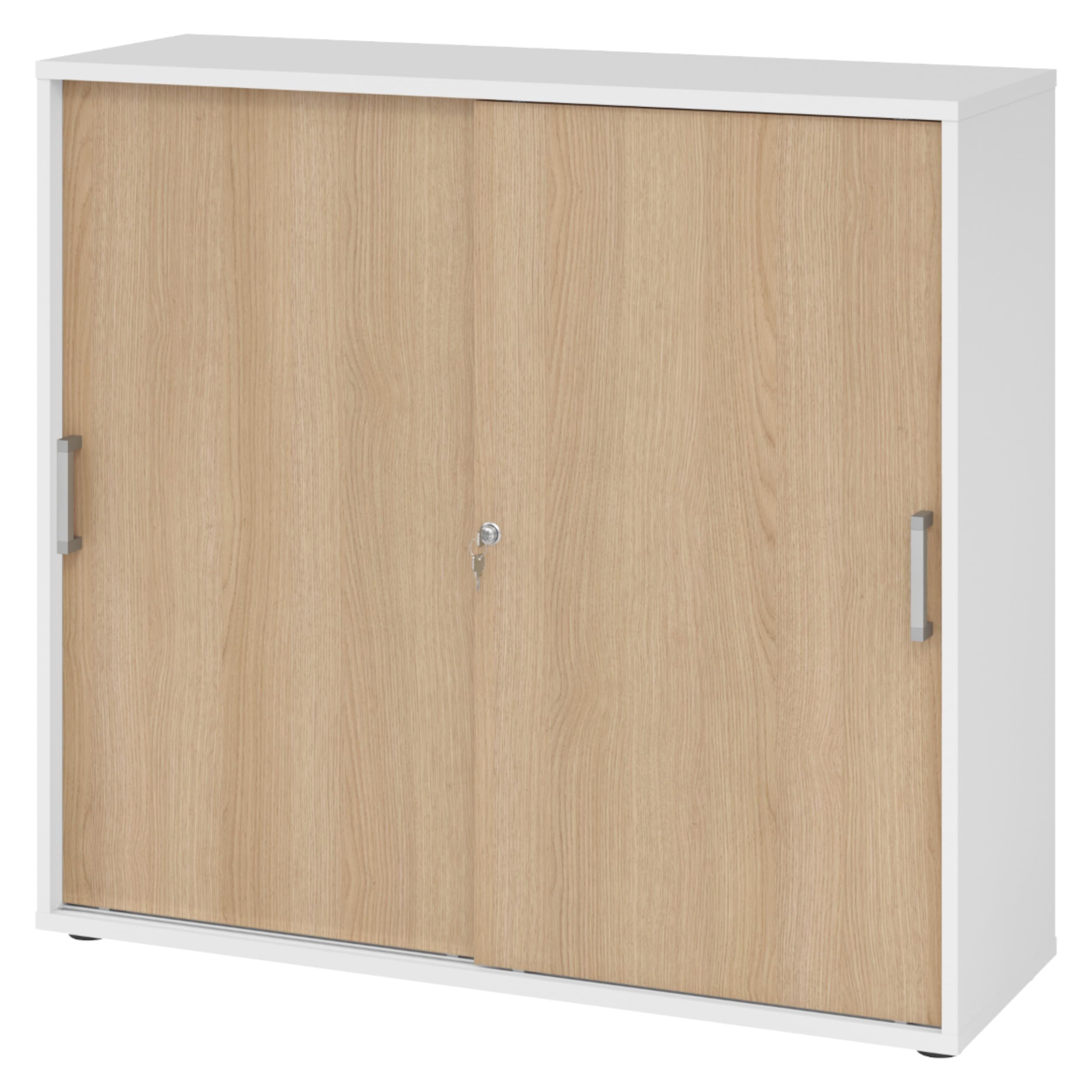 bümö Schiebetürenschrank 3OH - Aktenschrank abschließbar, Sideboard Schrank mit Schiebetüren in Weiß/Eiche, Chromgriff - Büroschrank aus Holz mit Schiebetür, Büro Kommode für Ordner & Co.