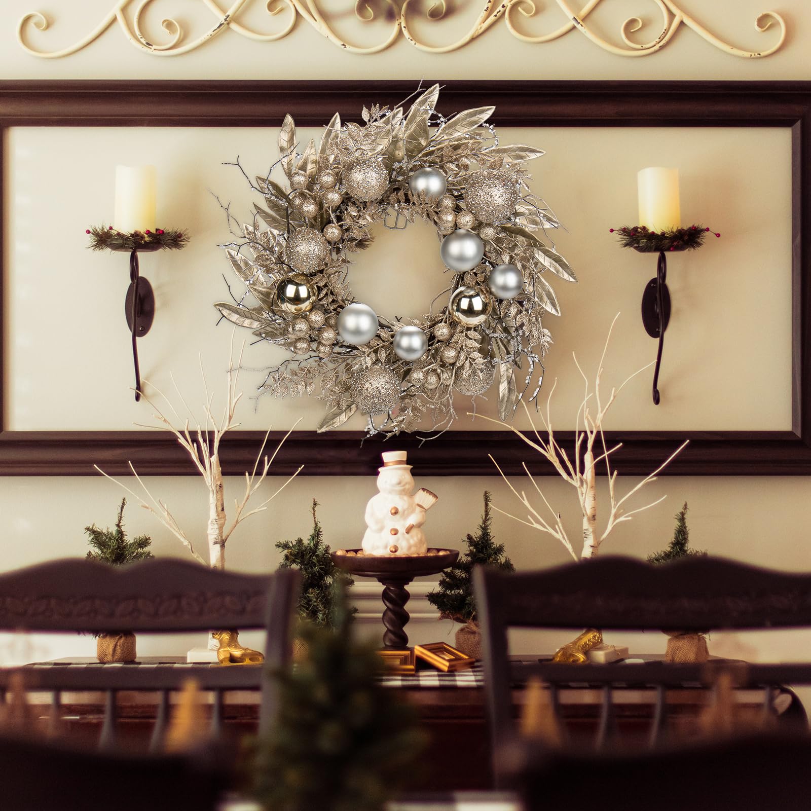 Weihnachtskranz Türkranz für Weihnachten - Champagne Adventskranz mit Weihnachtskugeln und Fernzweige, Dekokranz Weihnachtsdeko Tischkranz, Ø 40CM
