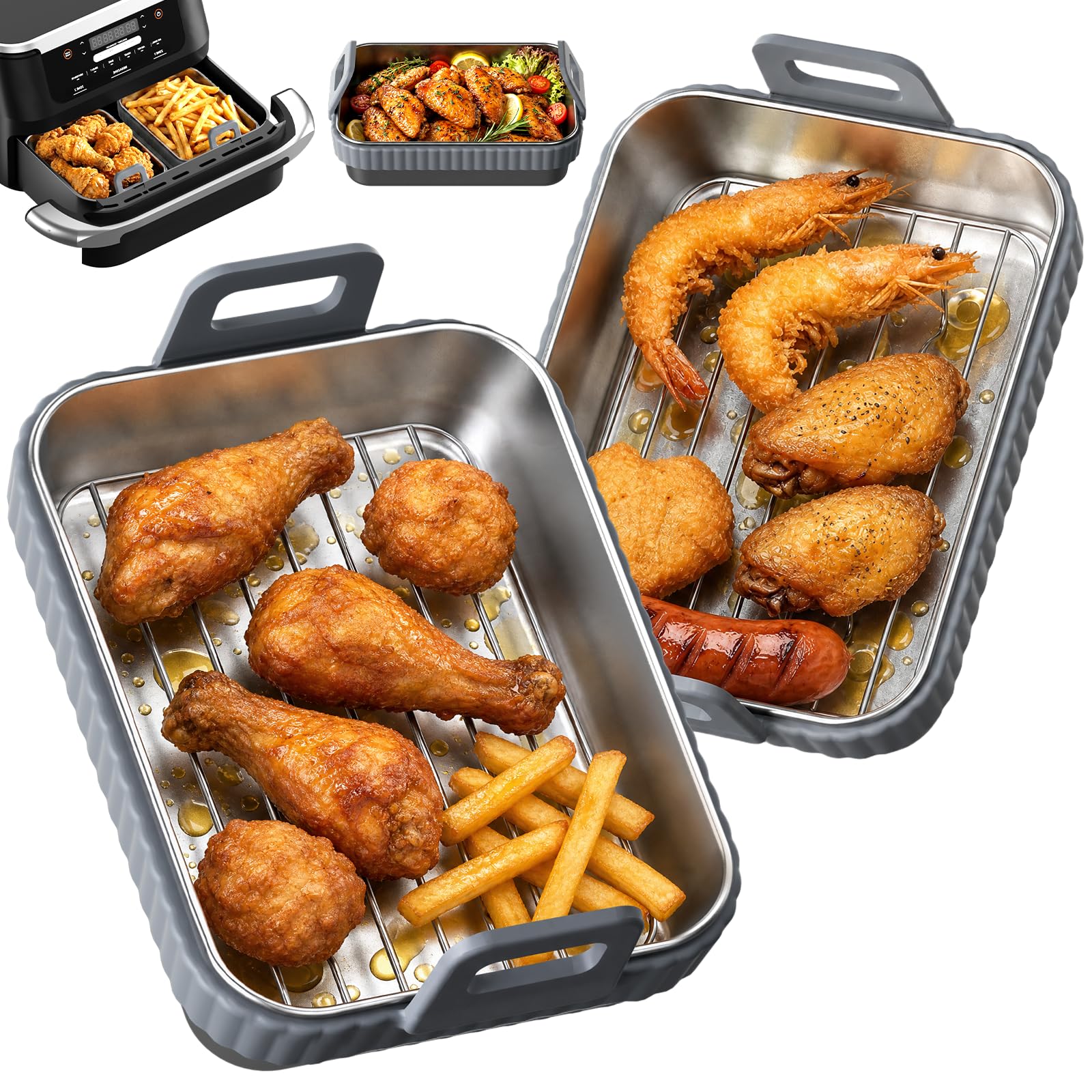 2 Pack Air Fryer Liners with Removable Silicone Ring, Reusable Air Fryer Liners Compatible with Ninja AF400EU/AF500EU/SL400EU,COSORI Dual Basket,Heat Resistant, Dishwasher Safe(Stainless steel)