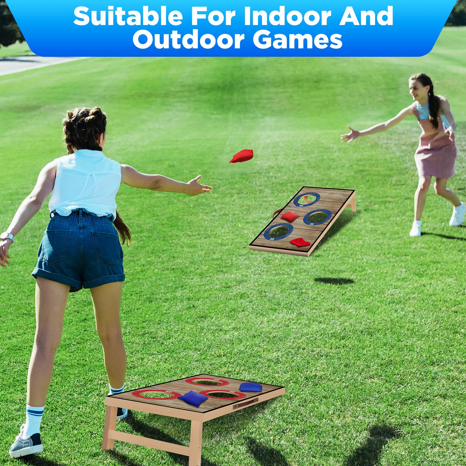 NZQXJXZ Juego de Cornhole, 60 x 35 cm Tableros de Madera Maciza Premium | con Agujeros de maíz con 6 Bolsas de Frijoles y una Bolsa de Transporte, Juego de Lanzamiento de maíz para Familia y Adultos