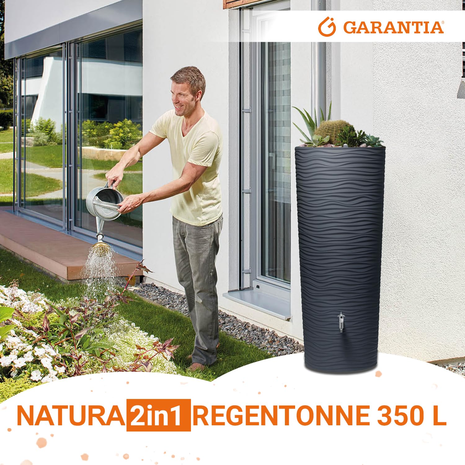 GARANTIA Natura 2in1 Regentonne 350 Liter Graphite Grey inkl. Pflanzschale | Wassertank, Regenfass, Regenwassertonne, Wasserbehälter, Regenwassertank, Wasserfass, Wassertonnen für Garten