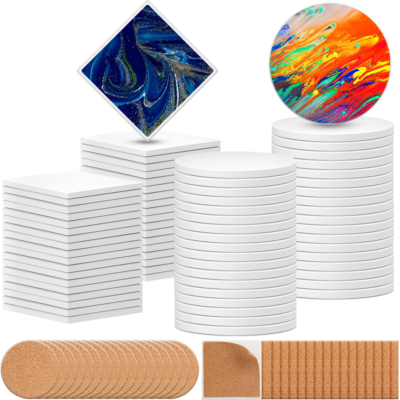 Tioncy 72 Pieces Sublimation Coasters Blank with Cork, Square Round