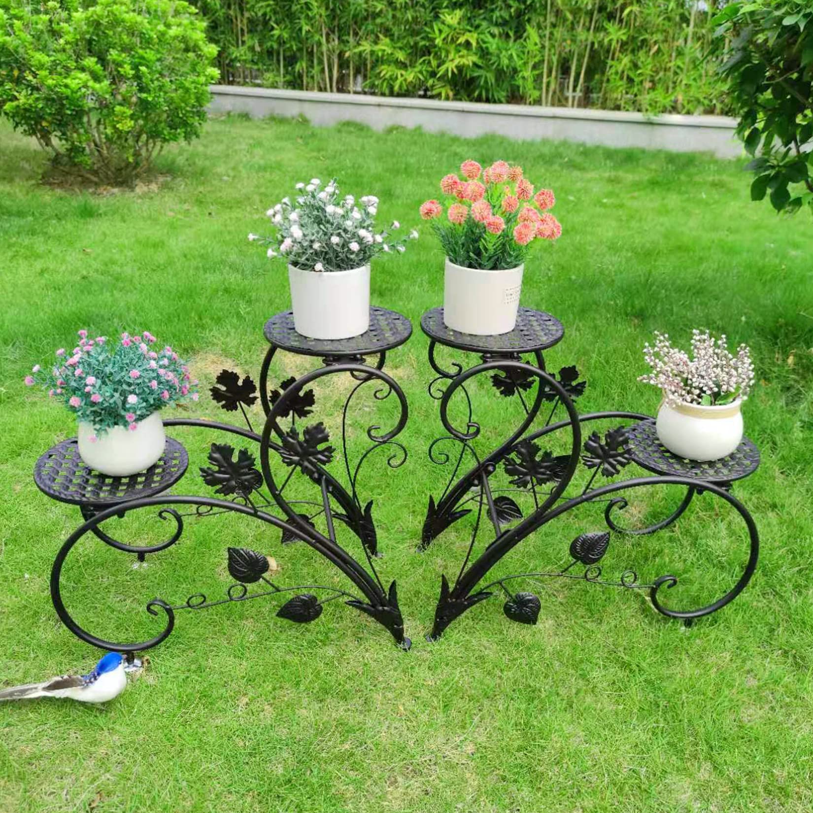 unho Porta vasi Metallico Nero: Porta Piante da interno Portapiante in Ferro Battuto da terrazzo Portavasi Retrò 4 Livelli Stand di Piante Metallo