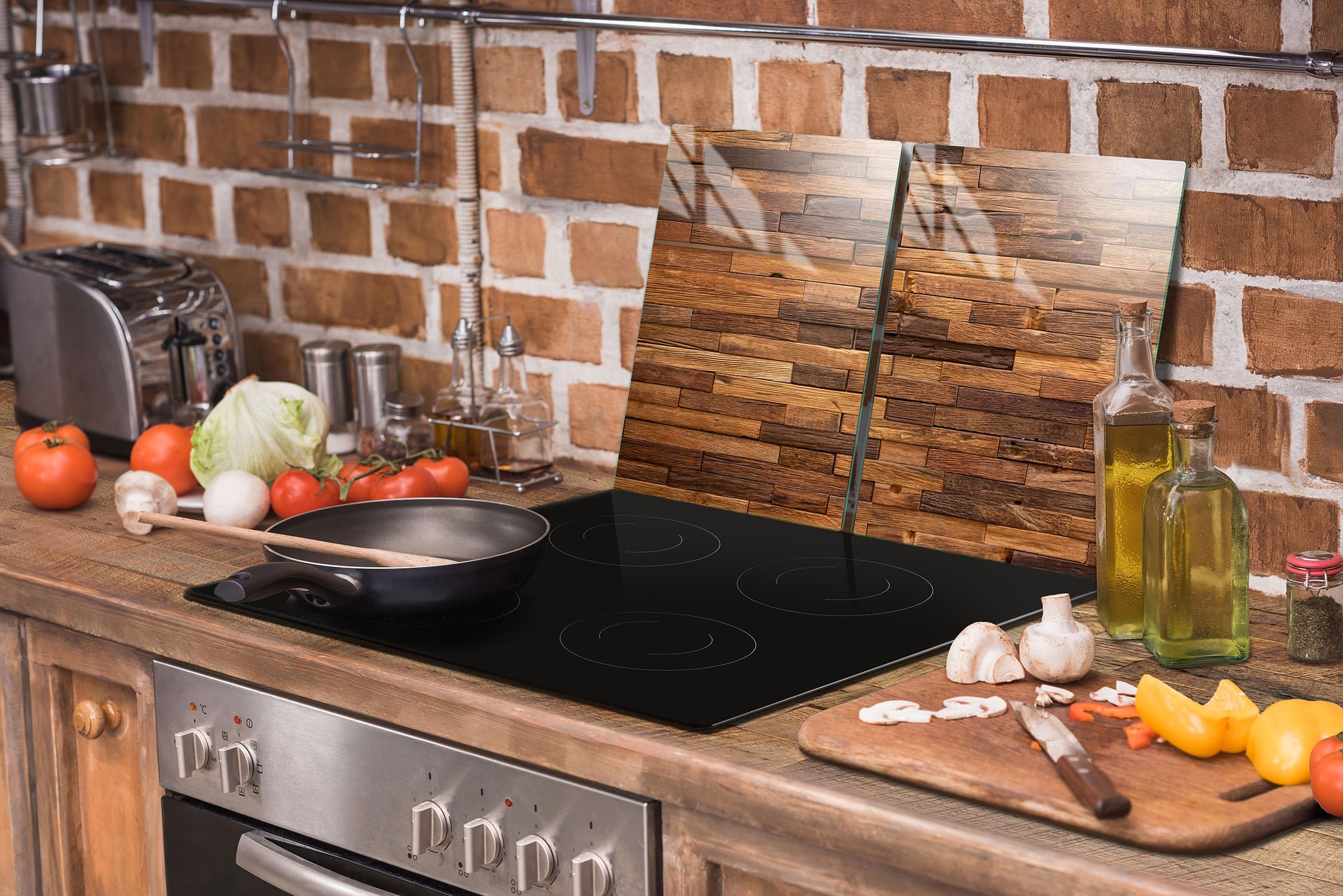 TMK ArtDeko Herdabdeckplatten Set 70 x 52 cm Ceranfeld Abdeckung Glas Spritzschutz Abdeckplatte Glasplatte Herd Ceranfeldabdeckung Deko Schneidebrett, Holz