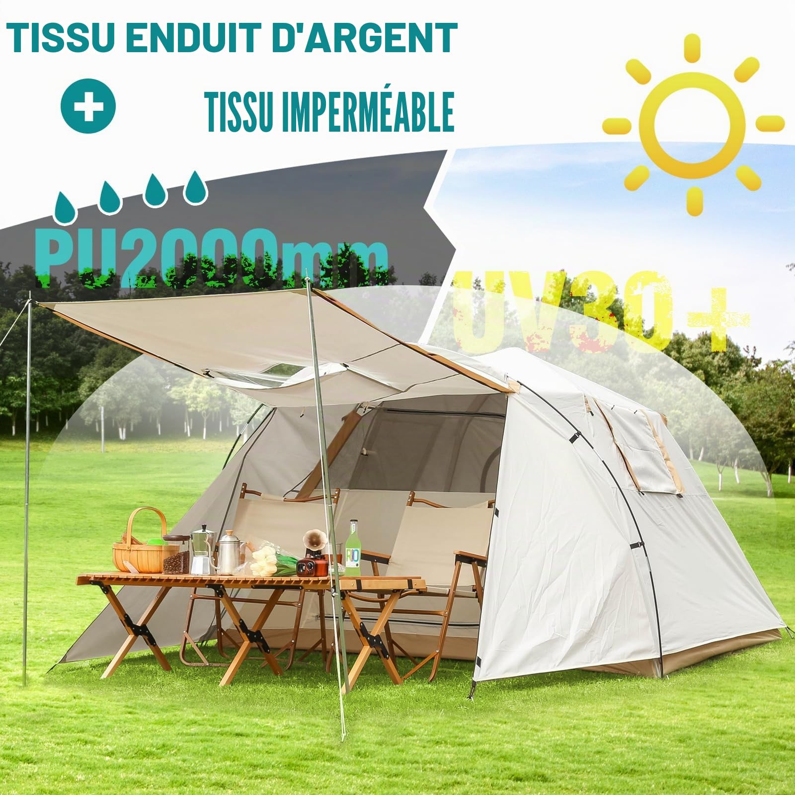Chihee Tente de Camping Portable Pop-Up Familiale - Véranda Grillagée, Auvent de Salle, 2 Portes, À l'Épreuve des Intempéries, Très Grande, Montage Instantané, 4 Saisons