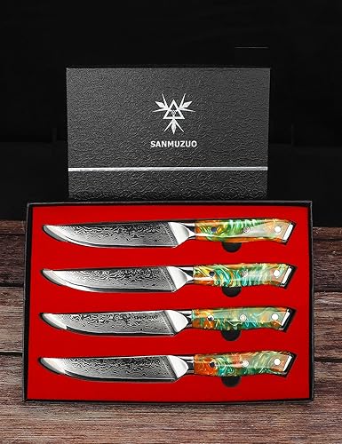 Miniatura 5 de Xuan - Juego de 4 cuchillos para carne, ultra afilados, no dentados, de 5 pulgadas, mango de acero de damasco y resina, serie Xuan (naranja fantasía)