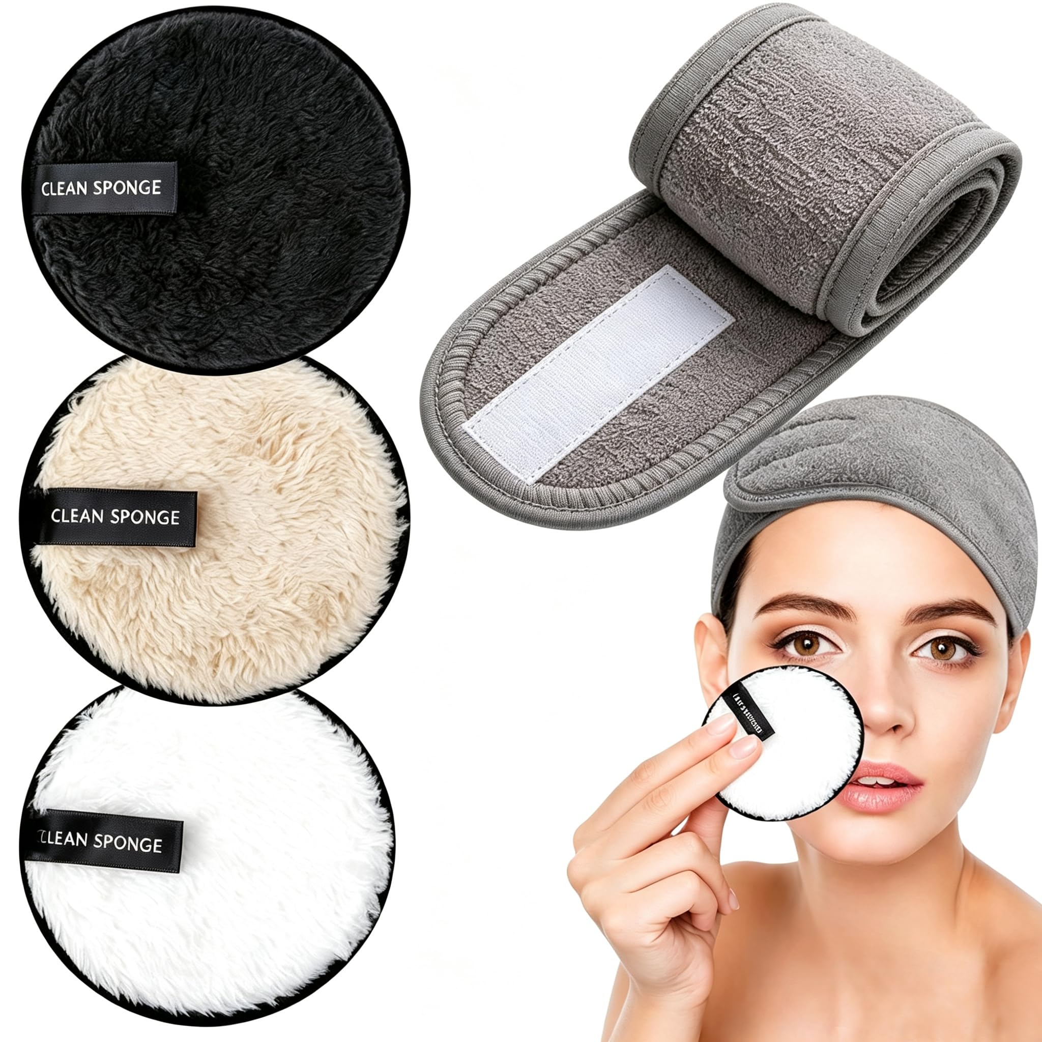 3Pcs Facial Sponges & Headband, Cotton Pads For Makeup Removal | Double-Sided Cleansing Structure, Reusable Microfibre Material, Adjustable Headband, Multi-Purpose Skincare Use-picture-32