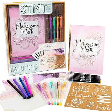 STMT DIY Make Your Mark Hand Lettering Set, Step-by-Step Beginner Modern Calligraphy Hardcover Workbook, Includes Practice Sheets, Stencils, Flexible Fine Tip & Brush Markers, DIY Calligraphy Kit