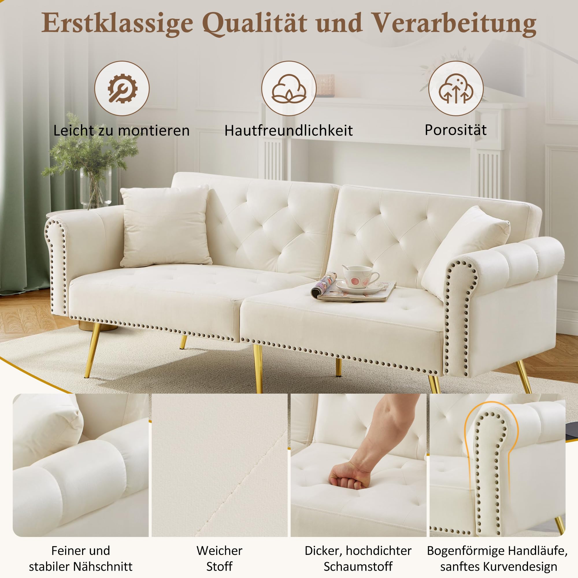 Merax Modernes 2-Sitzer Schlafsofa, 173x75x70cmm, mit Samtbezug, 3-stufig Verstellbarer Rückenlehne, Metallfüßen, verstecktem Stauraum, für kleine Räume, inkl. 2 Kissen, platzsparend, Beige
