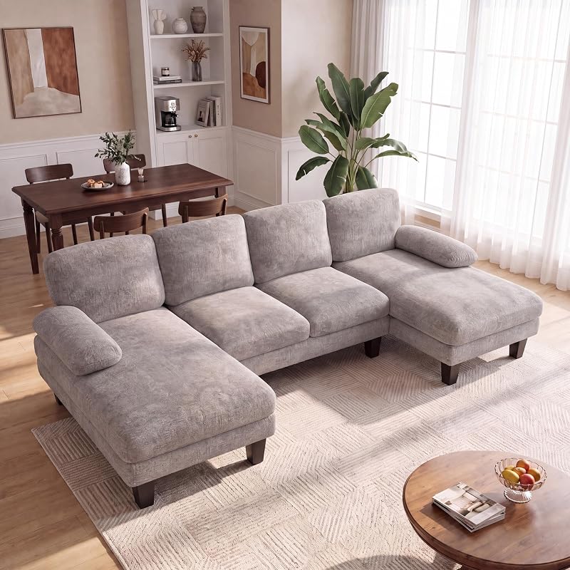 Homall 105" U-Shaped Sectional Couches, Sofa Couch with Double Chaise, Grey